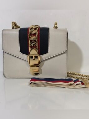 Gucci White Leather Crossbody with Navy & Red Web Stripe and Gold Chain